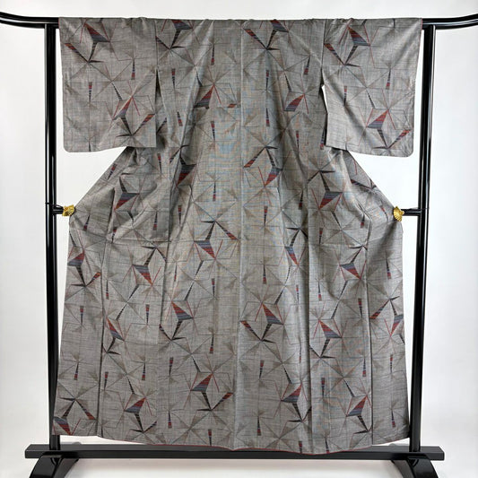 【美品】 紬織 身長156.5cm 袖長62.5cm S 雙層 麻葉紋 縞 灰茶 純蠶絲 優品級