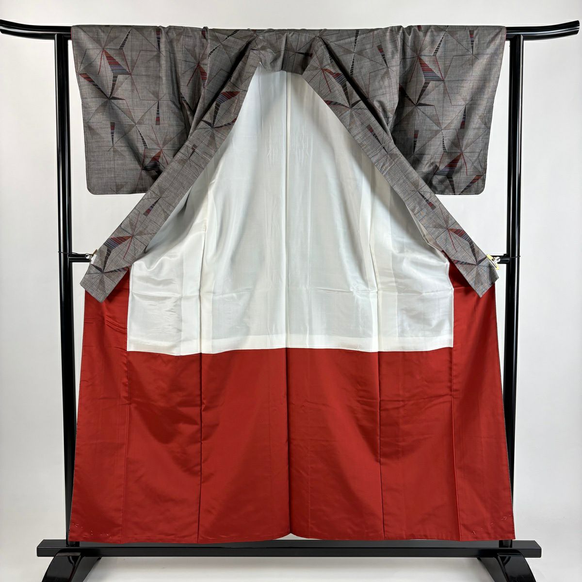 【美品】 紬織 身長156.5cm 袖長62.5cm S 雙層 麻葉紋 縞 灰茶 純蠶絲 優品級