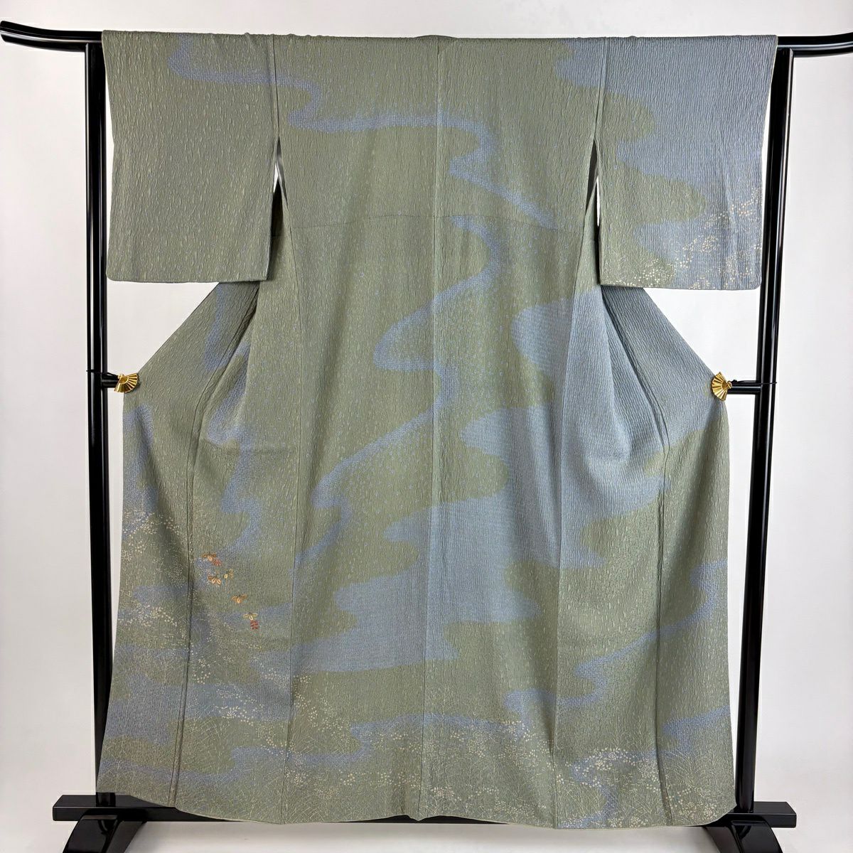 付下 身長157cm 袖長63.5cm S 雙層 萩 流水 絞染 刺繡 灰綠 純蠶絲 秀品級