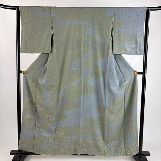 付下 身長157cm 袖長63.5cm S 雙層 萩 流水 絞染 刺繡 灰綠 純蠶絲 秀品級