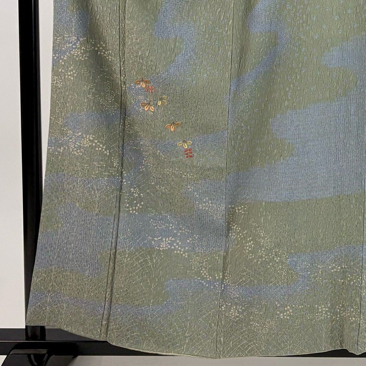 付下 身長157cm 袖長63.5cm S 雙層 萩 流水 絞染 刺繡 灰綠 純蠶絲 秀品級