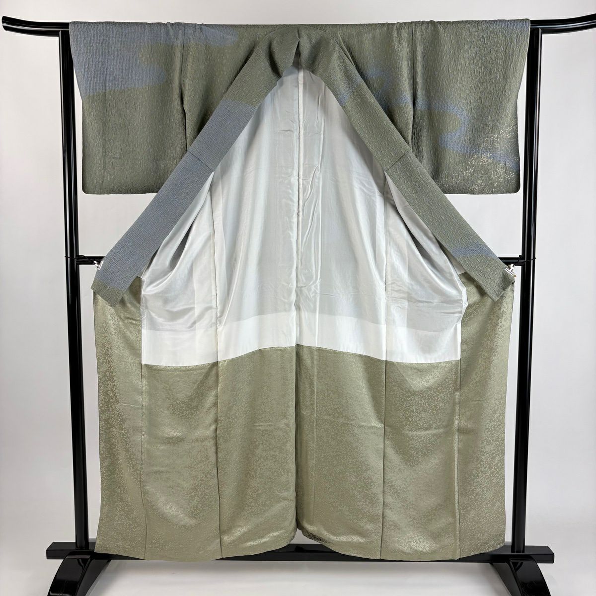 付下 身長157cm 袖長63.5cm S 雙層 萩 流水 絞染 刺繡 灰綠 純蠶絲 秀品級