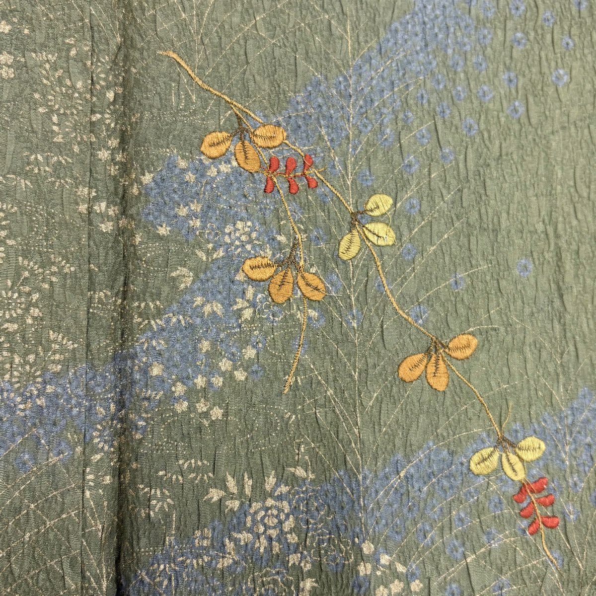 付下 身長157cm 袖長63.5cm S 雙層 萩 流水 絞染 刺繡 灰綠 純蠶絲 秀品級