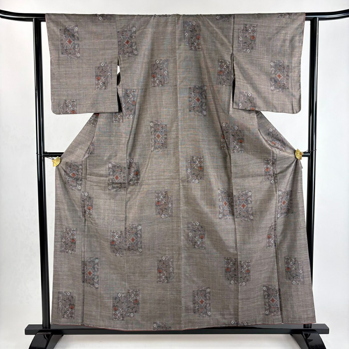 【美品】 紬織 身長158.5cm 袖長61.5cm S 雙層 草花紋紋 幾何圖案 灰茶 純蠶絲 秀品級