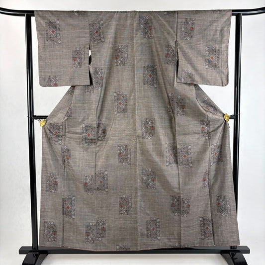 【美品】 紬織 身長158.5cm 袖長61.5cm S 雙層 草花紋紋 幾何圖案 灰茶 純蠶絲 秀品級