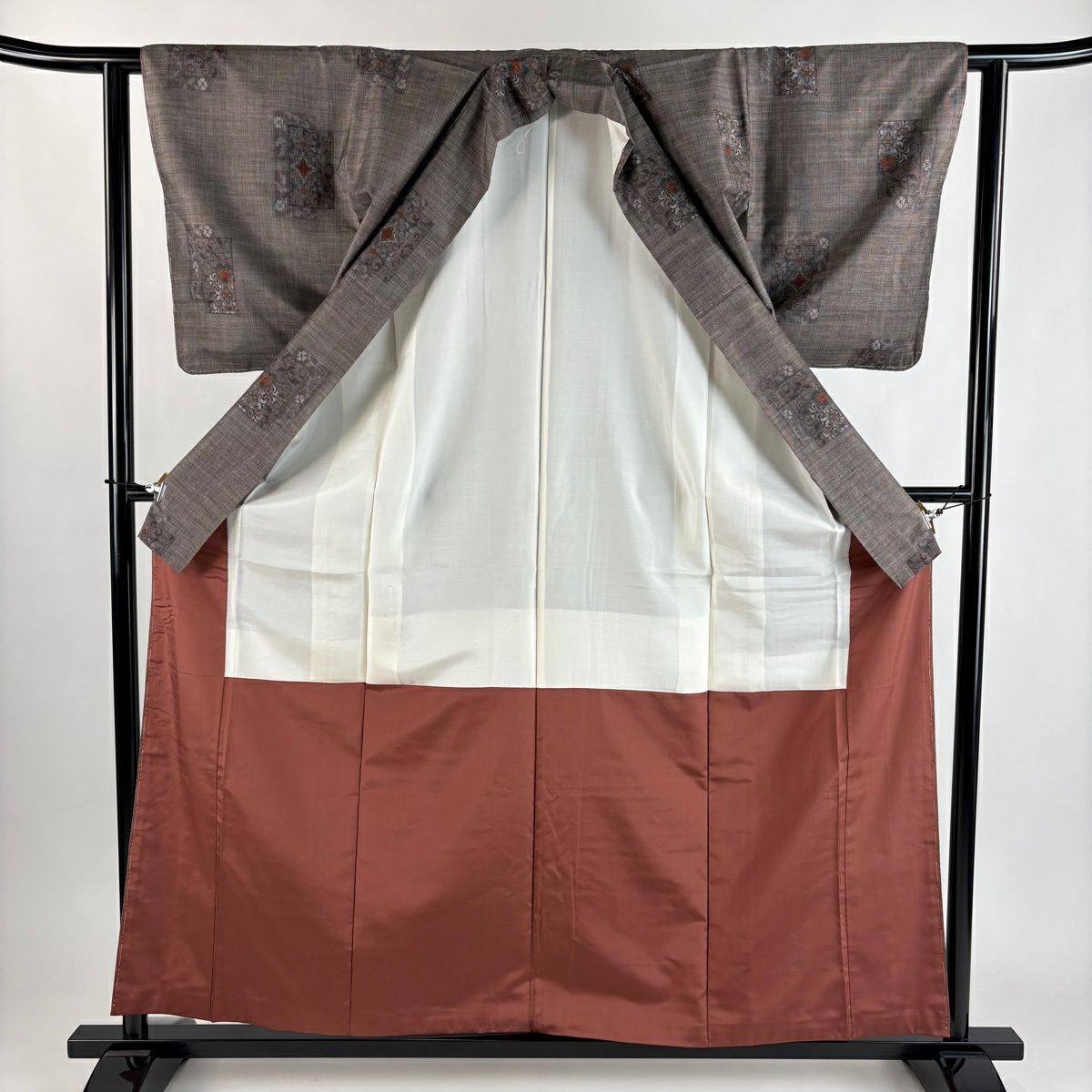 【美品】 紬織 身長158.5cm 袖長61.5cm S 雙層 草花紋紋 幾何圖案 灰茶 純蠶絲 秀品級