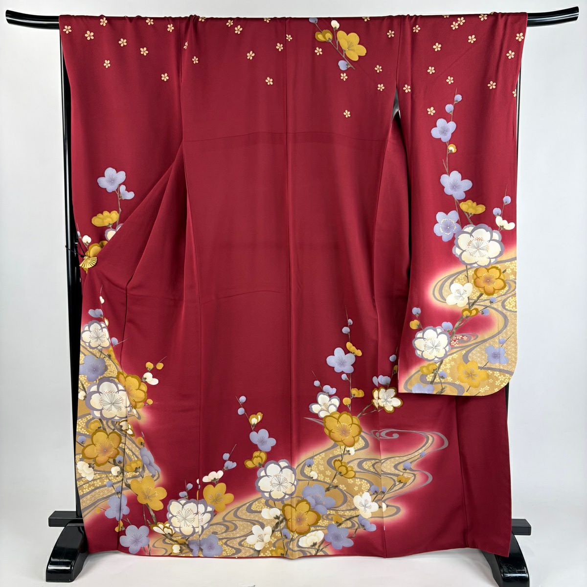 振袖禮服 身長167.5cm 袖長69cm L 雙層 梅花 麻葉 金銀彩 紅 純蠶絲 秀品級