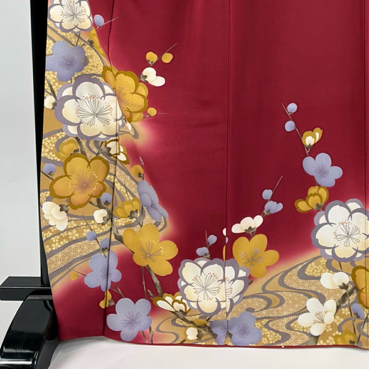振袖禮服 身長167.5cm 袖長69cm L 雙層 梅花 麻葉 金銀彩 紅 純蠶絲 秀品級