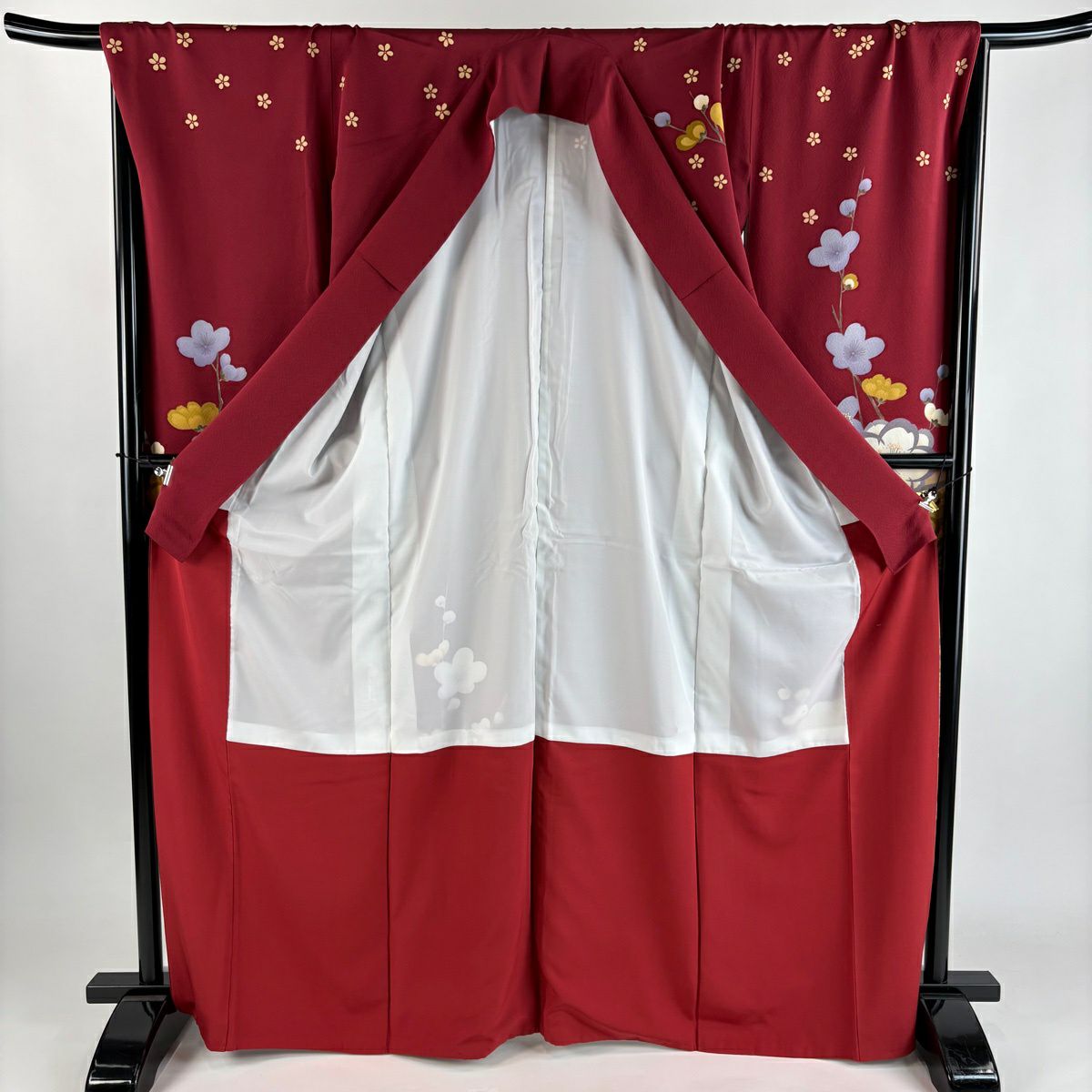 振袖禮服 身長167.5cm 袖長69cm L 雙層 梅花 麻葉 金銀彩 紅 純蠶絲 秀品級