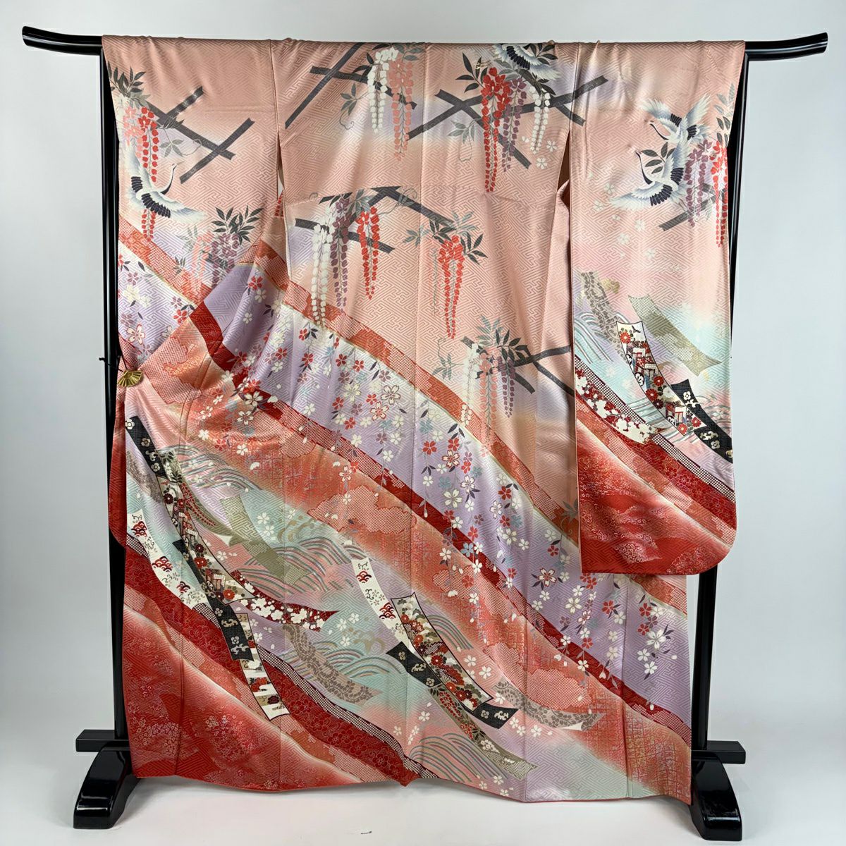 振袖禮服 身長167cm 袖長67cm M 雙層 短冊 御所車 金絲 金銀彩 粉紅 純蠶絲 秀品級