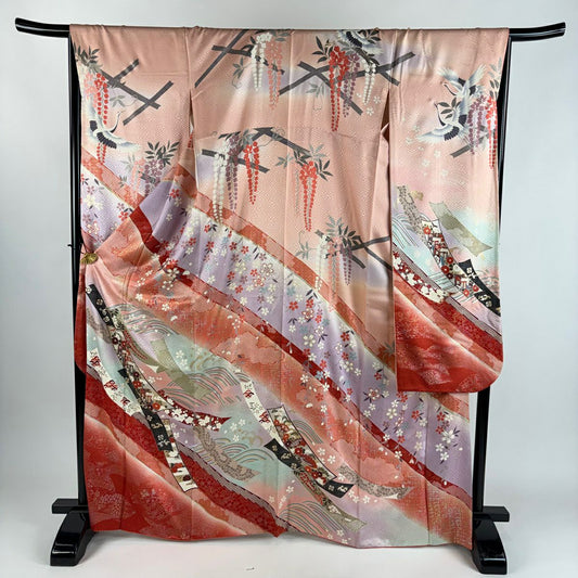 振袖禮服 身長167cm 袖長67cm M 雙層 短冊 御所車 金絲 金銀彩 粉紅 純蠶絲 秀品級