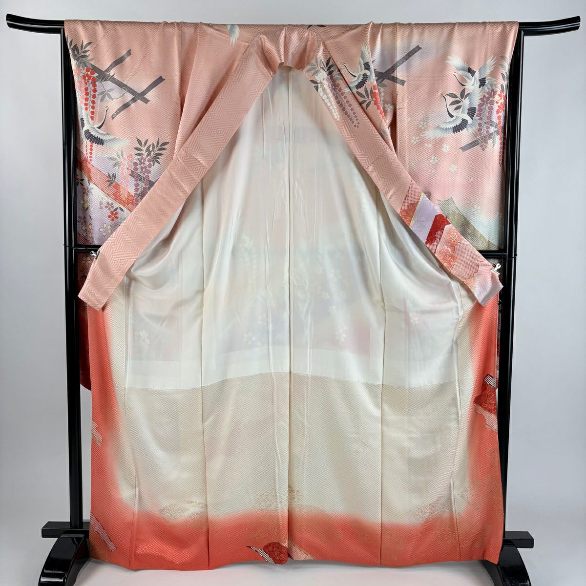 振袖禮服 身長167cm 袖長67cm M 雙層 短冊 御所車 金絲 金銀彩 粉紅 純蠶絲 秀品級