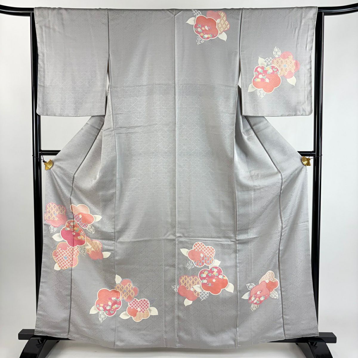 付下 身長162.5cm 袖長64cm M 雙層 椿 菊花 灰 純蠶絲 秀品級