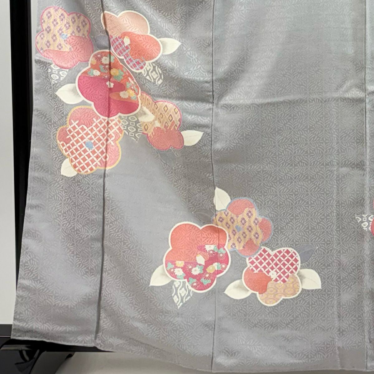付下 身長162.5cm 袖長64cm M 雙層 椿 菊花 灰 純蠶絲 秀品級
