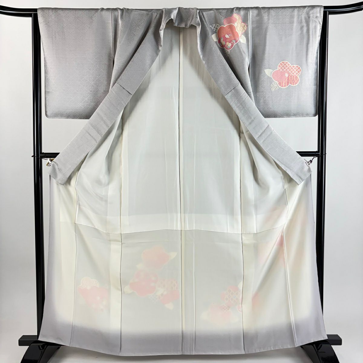 付下 身長162.5cm 袖長64cm M 雙層 椿 菊花 灰 純蠶絲 秀品級