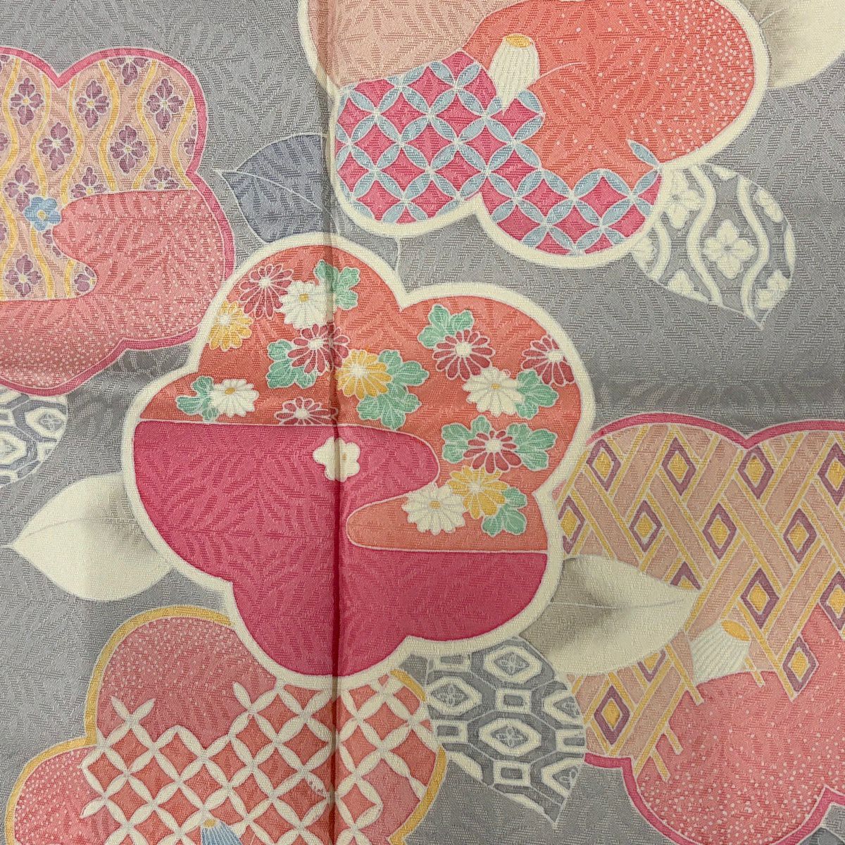 付下 身長162.5cm 袖長64cm M 雙層 椿 菊花 灰 純蠶絲 秀品級