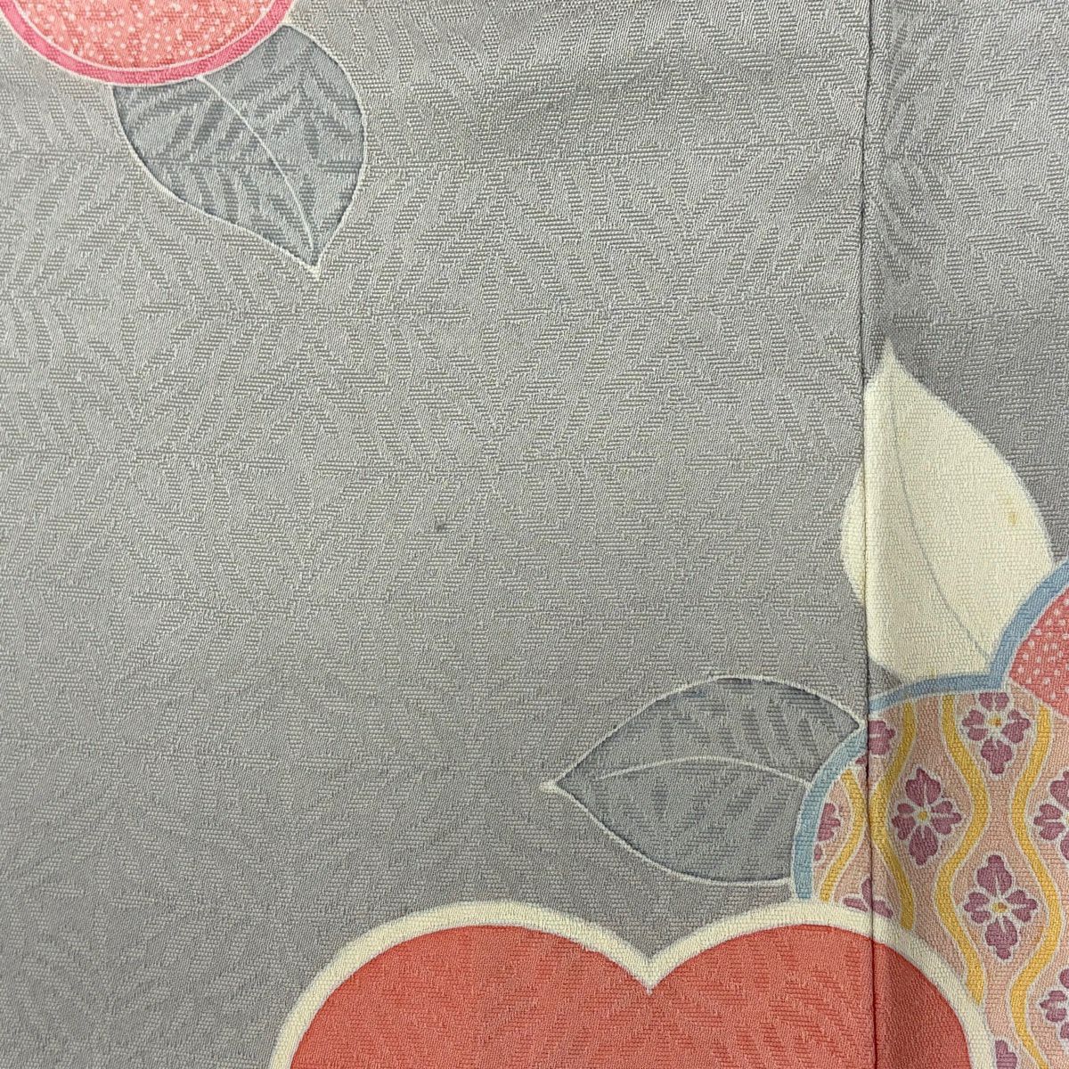 付下 身長162.5cm 袖長64cm M 雙層 椿 菊花 灰 純蠶絲 秀品級