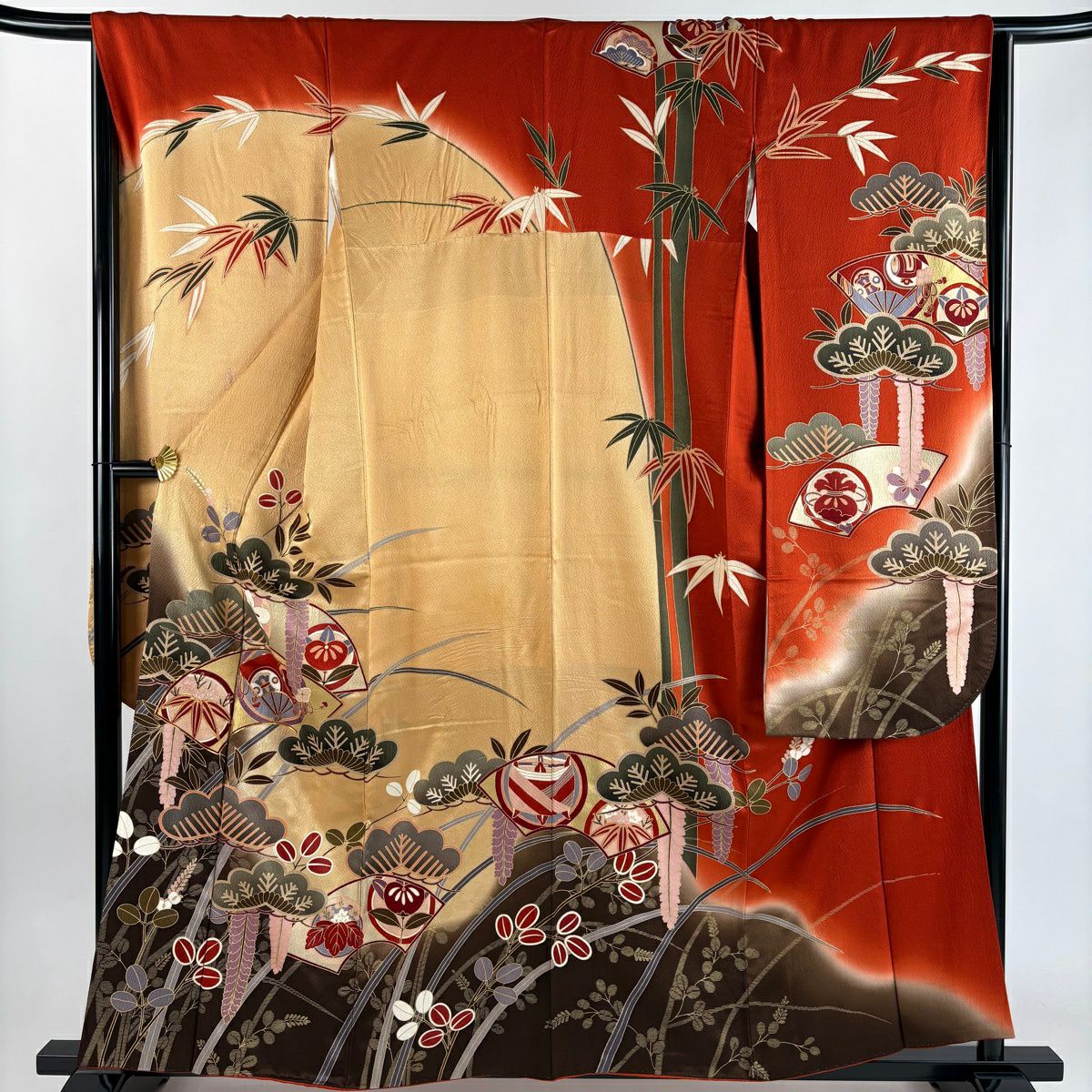 振袖禮服 身長158cm 袖長65.5cm M 雙層 扇子面 松樹竹子梅花 金絲 金銀彩 淺黃土 純蠶絲 優品級