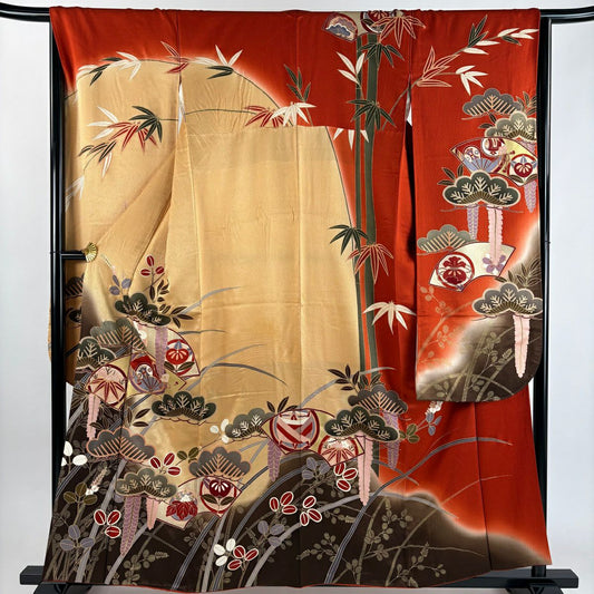 振袖禮服 身長158cm 袖長65.5cm M 雙層 扇子面 松樹竹子梅花 金絲 金銀彩 淺黃土 純蠶絲 優品級