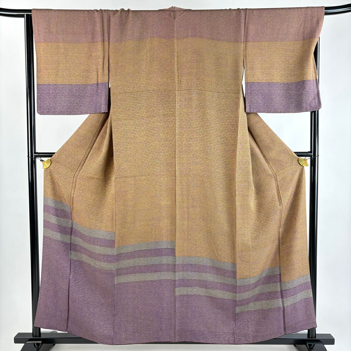 【美品】訪問服 身長157cm 袖長66.5cm M 雙層 段紋 幾何染 山吹色 純蠶絲 秀品級