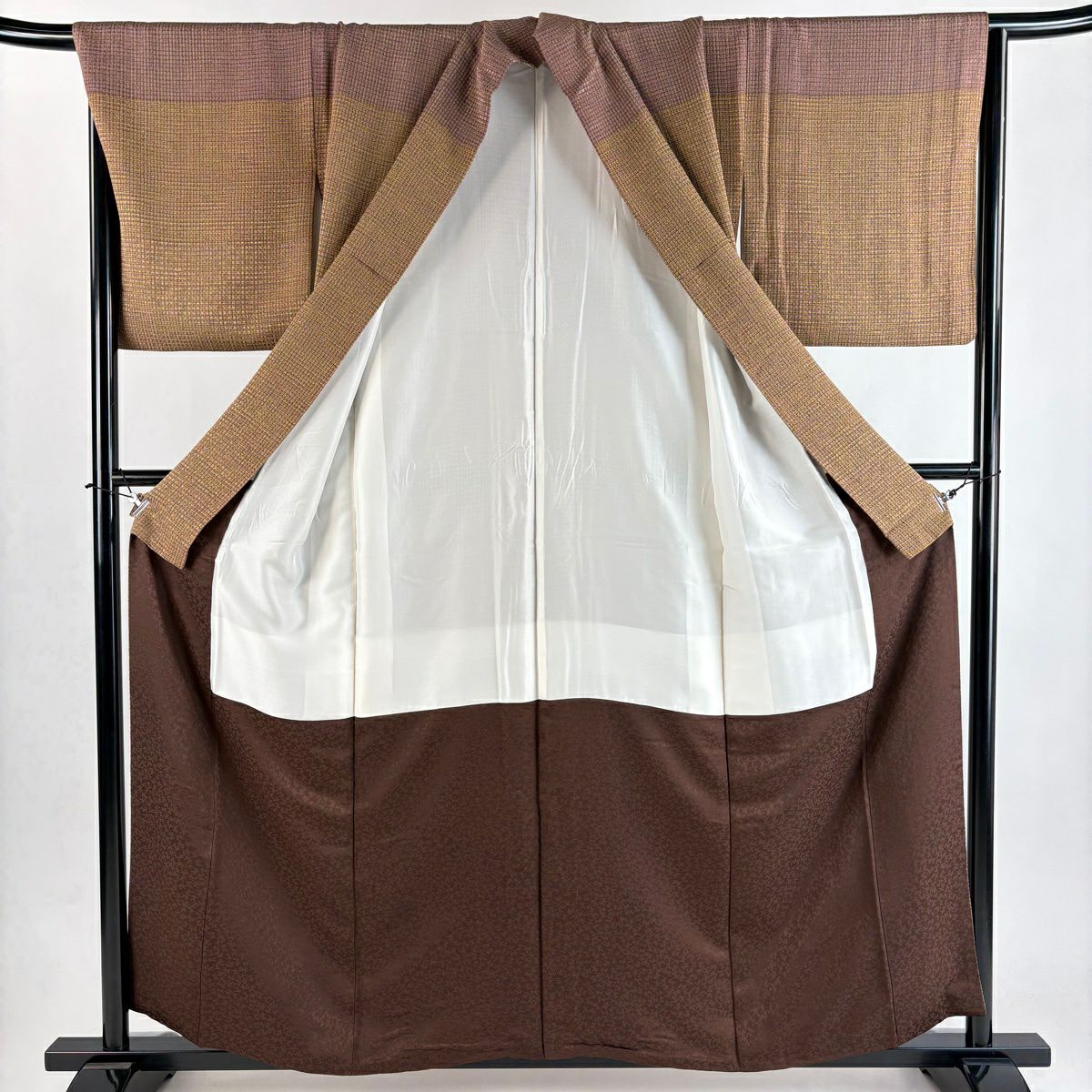 【美品】訪問服 身長157cm 袖長66.5cm M 雙層 段紋 幾何染 山吹色 純蠶絲 秀品級