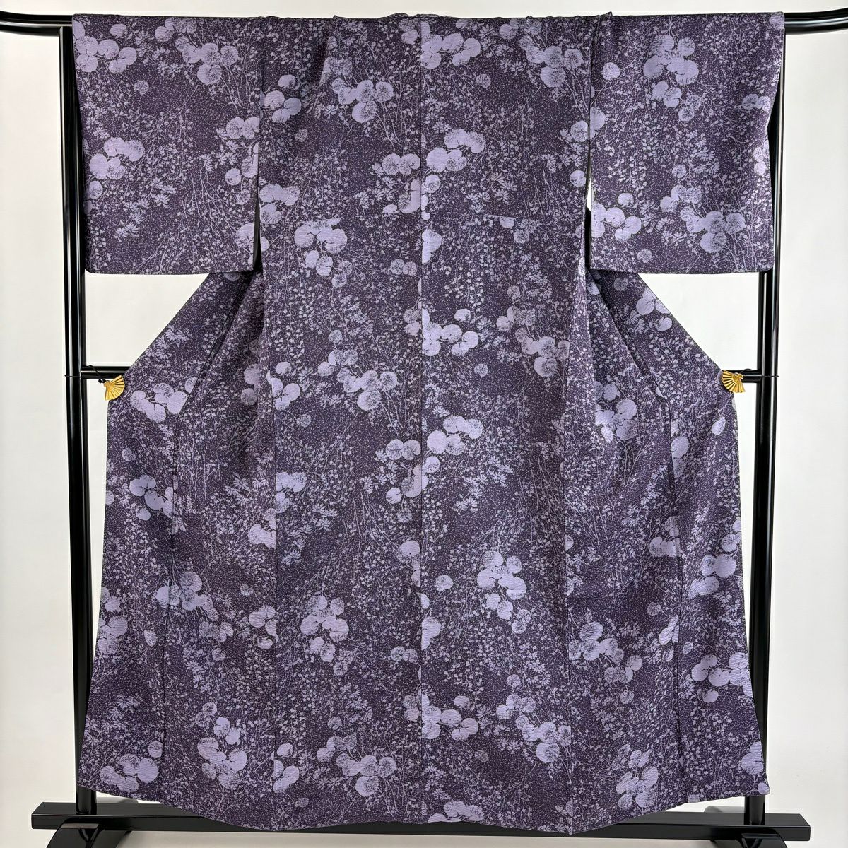 【美品】 小紋 身長156cm 袖長67.5cm L 雙層 葉 紫 純蠶絲 秀品級