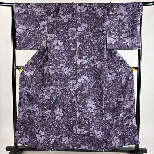 【美品】 小紋 身長156cm 袖長67.5cm L 雙層 葉 紫 純蠶絲 秀品級