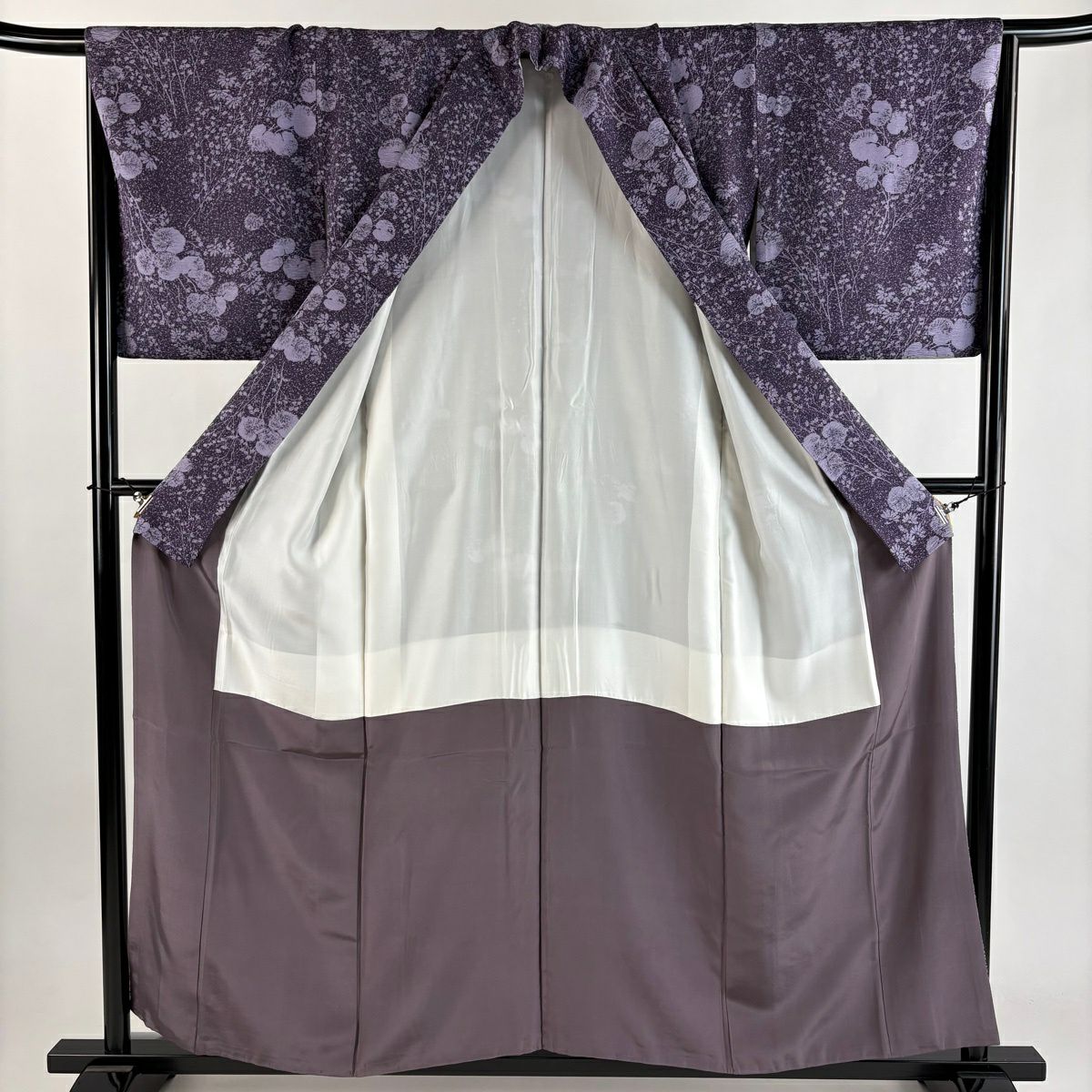 【美品】 小紋 身長156cm 袖長67.5cm L 雙層 葉 紫 純蠶絲 秀品級
