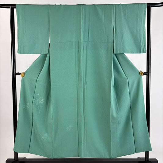 付下 身長153cm 袖長62cm S 雙層 大和 草花紋紋 組紐刺繡 縮緬 薄綠 純蠶絲 優品級