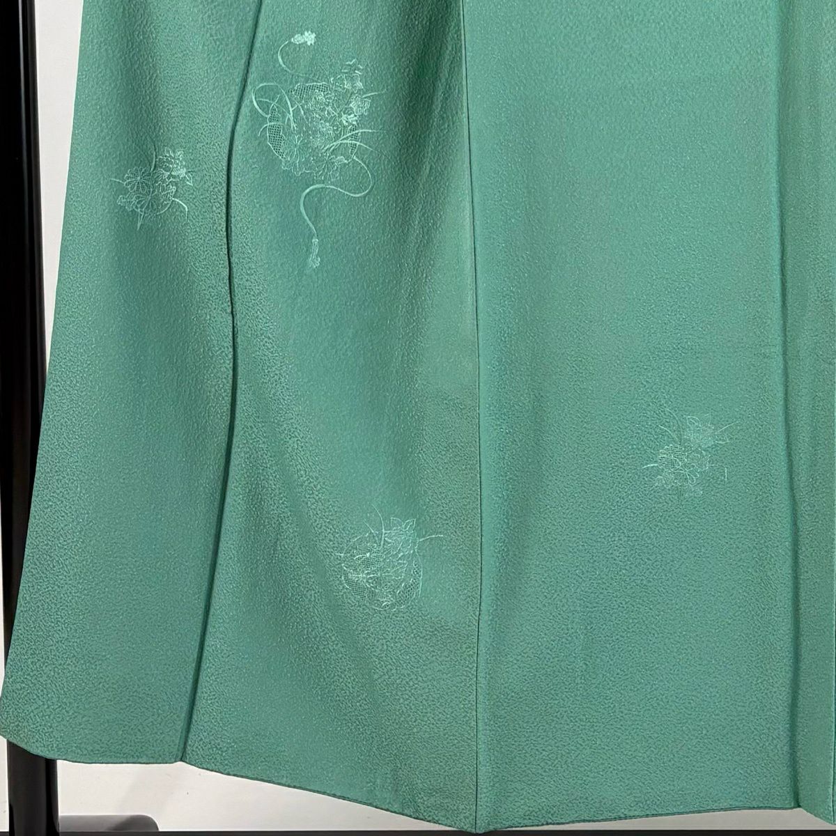 付下 身長153cm 袖長62cm S 雙層 大和 草花紋紋 組紐刺繡 縮緬 薄綠 純蠶絲 優品級