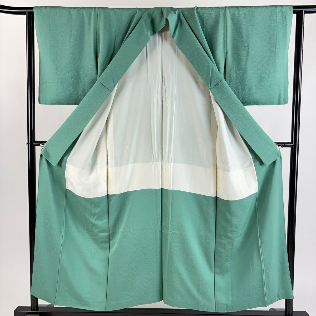 付下 身長153cm 袖長62cm S 雙層 大和 草花紋紋 組紐刺繡 縮緬 薄綠 純蠶絲 優品級