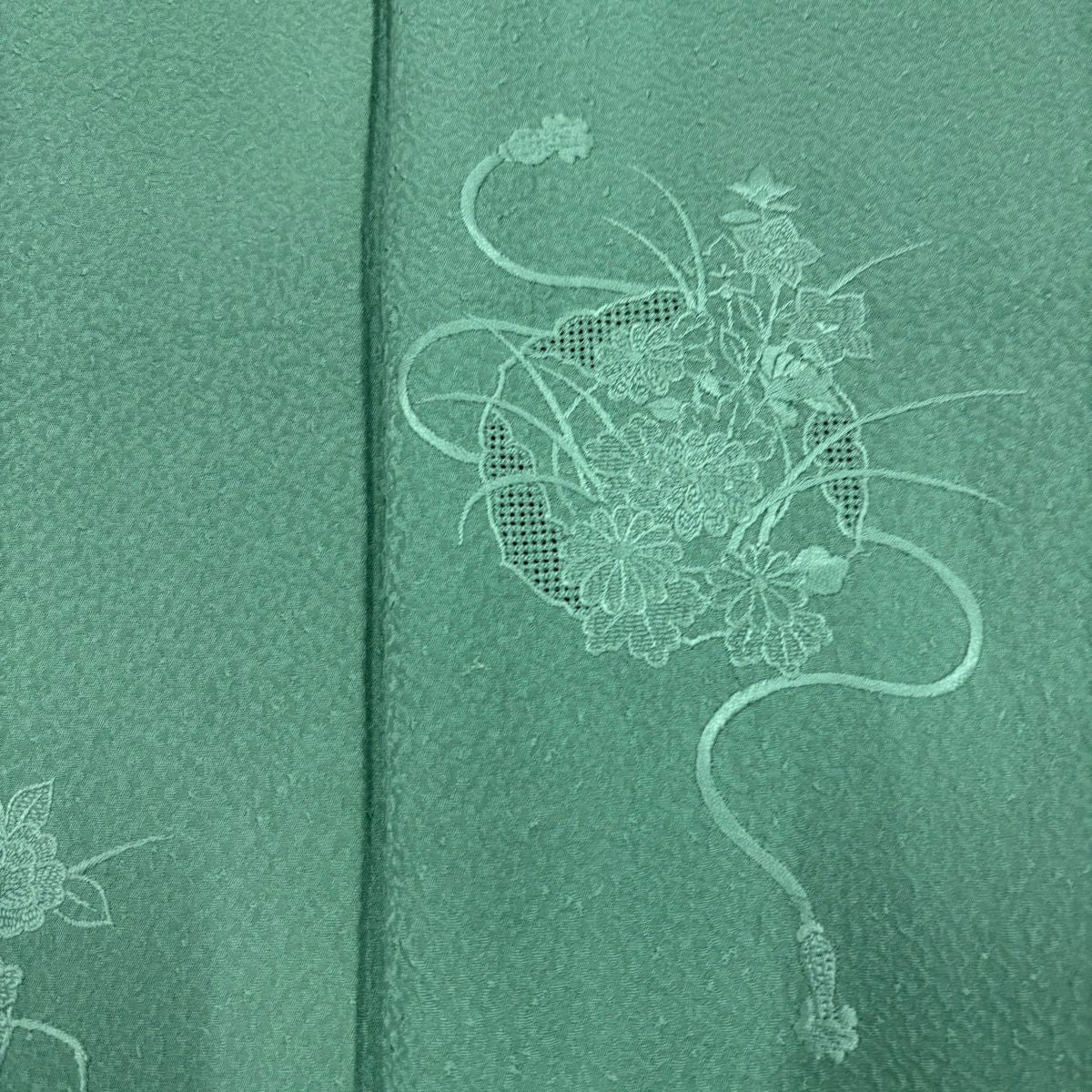 付下 身長153cm 袖長62cm S 雙層 大和 草花紋紋 組紐刺繡 縮緬 薄綠 純蠶絲 優品級