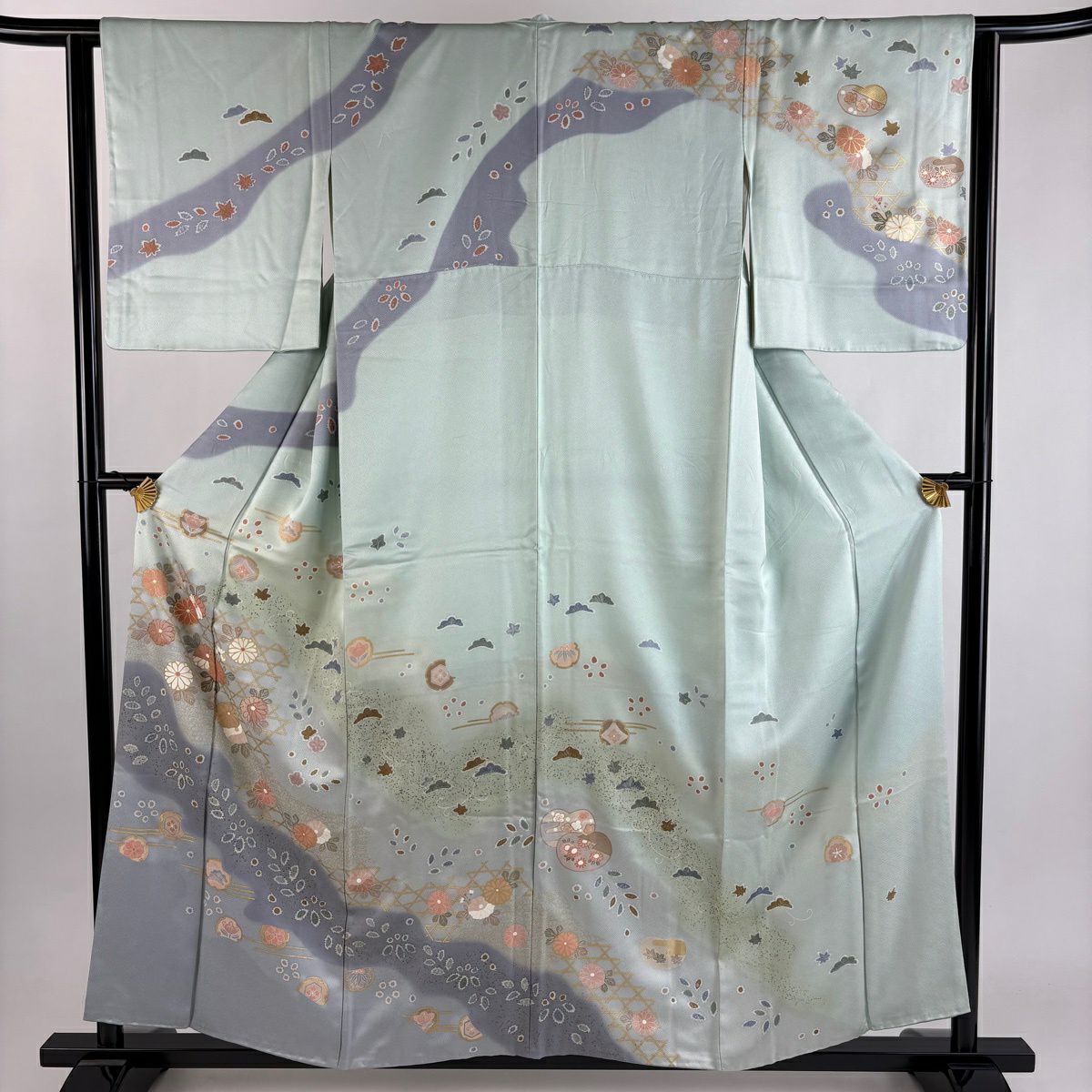 訪問服 身長155.5cm 袖長63.5cm S 雙層 菊花 籠目 金銀彩 薄綠 純蠶絲 秀品級