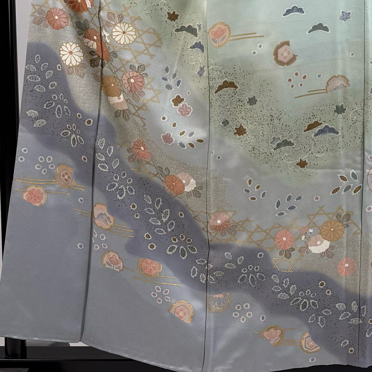 訪問服 身長155.5cm 袖長63.5cm S 雙層 菊花 籠目 金銀彩 薄綠 純蠶絲 秀品級