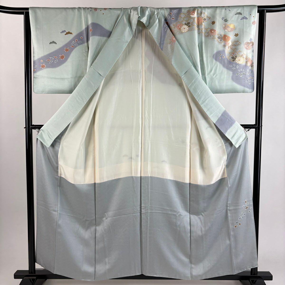 訪問服 身長155.5cm 袖長63.5cm S 雙層 菊花 籠目 金銀彩 薄綠 純蠶絲 秀品級