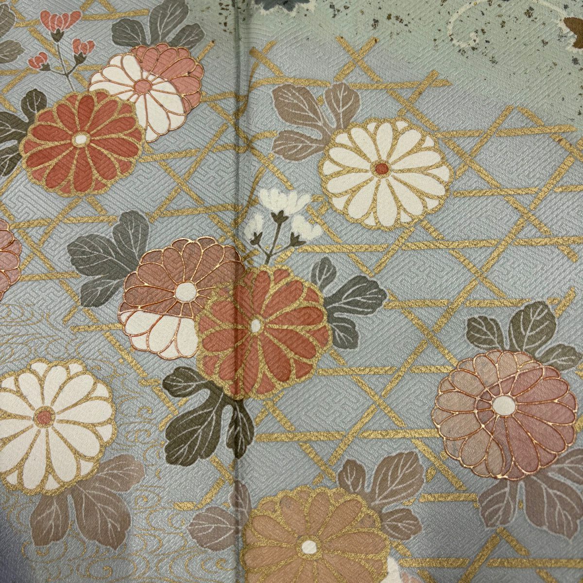 訪問服 身長155.5cm 袖長63.5cm S 雙層 菊花 籠目 金銀彩 薄綠 純蠶絲 秀品級
