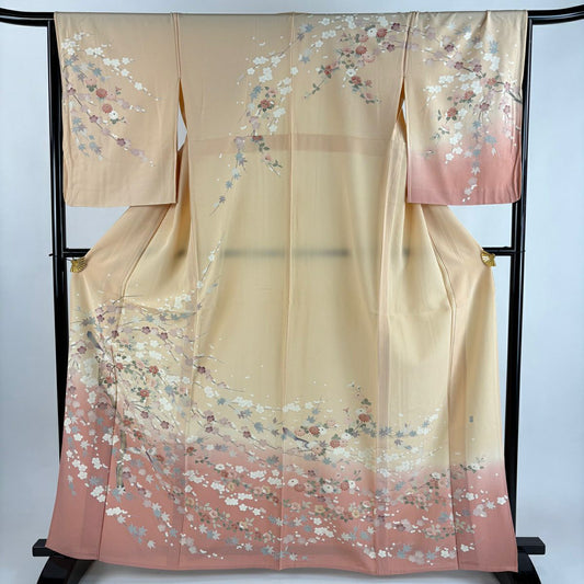 訪問服 身長163.5cm 袖長65cm M 單層 落款あり 枝花 鳥 染分 ぼかし 淡橙色 純蠶絲 秀品級