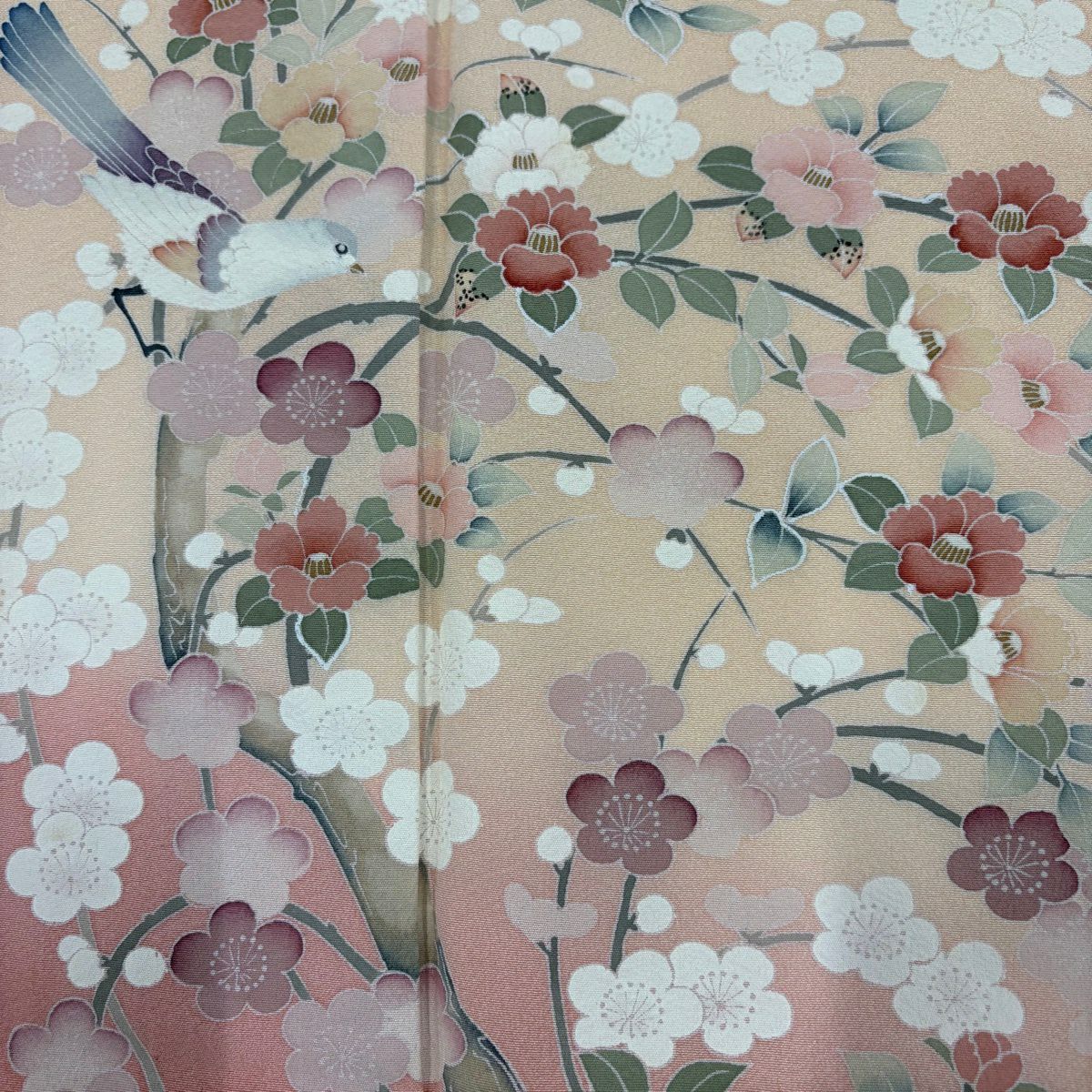 訪問服 身長163.5cm 袖長65cm M 單層 落款あり 枝花 鳥 染分 ぼかし 淡橙色 純蠶絲 秀品級