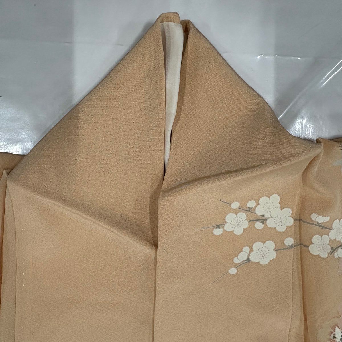 訪問服 身長163.5cm 袖長65cm M 單層 落款あり 枝花 鳥 染分 ぼかし 淡橙色 純蠶絲 秀品級