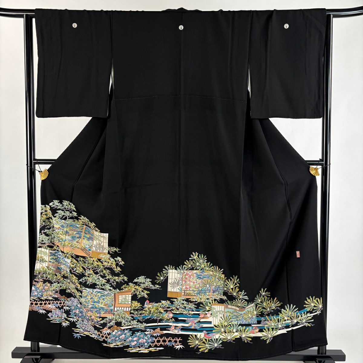 黑留袖禮服 身長157.5cm 袖長64cm M 雙層 有落款 風景 松樹 金絲 黑 純蠶絲 優秀品級