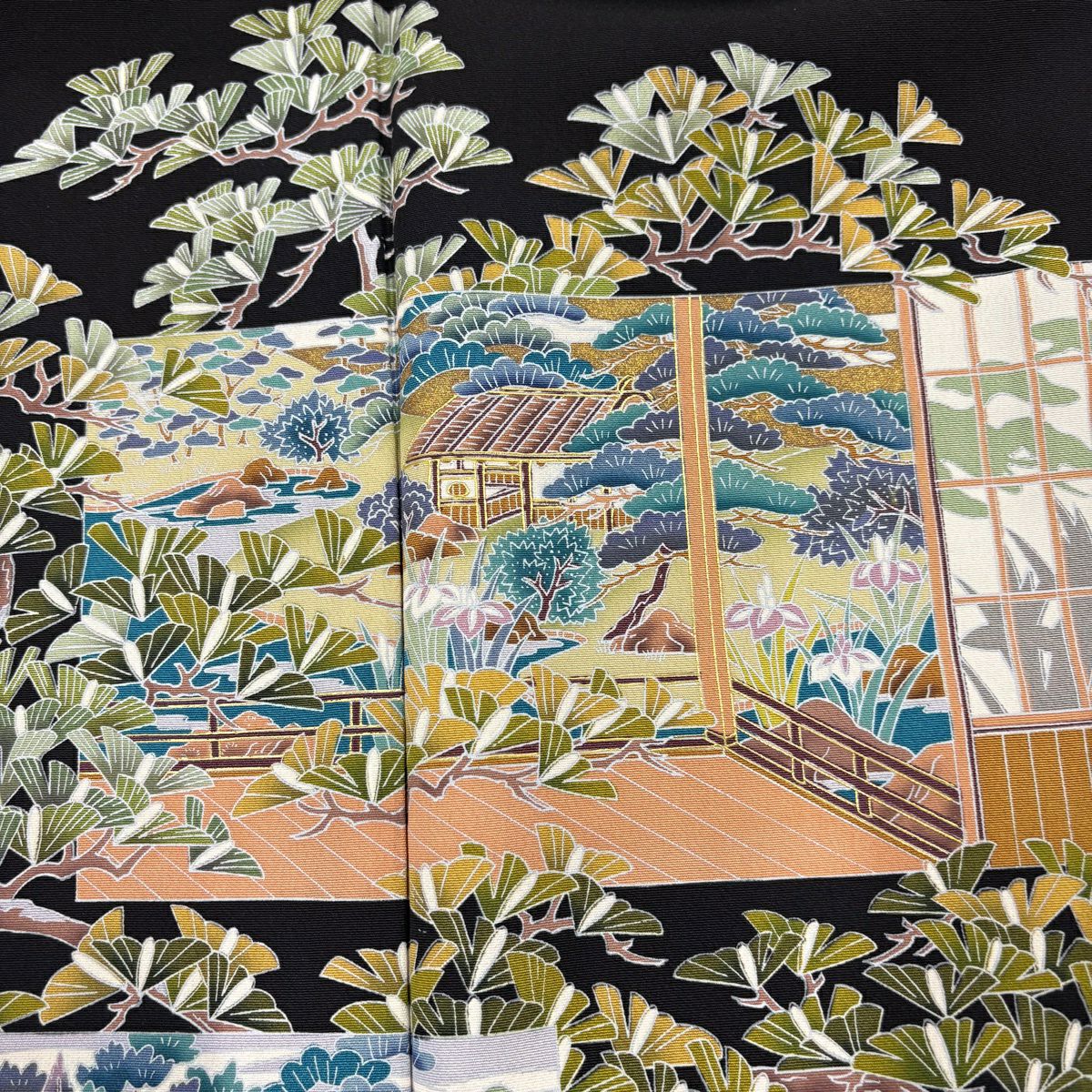 黑留袖禮服 身長157.5cm 袖長64cm M 雙層 有落款 風景 松樹 金絲 黑 純蠶絲 優秀品級