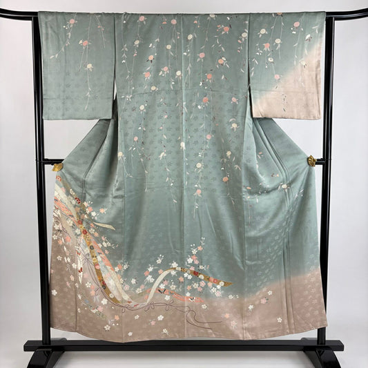 訪問服 身長155cm 袖長64cm M 雙層 熨斗紋 菊花唐草紋 金絲 金銀彩 灰綠 純蠶絲 秀品級