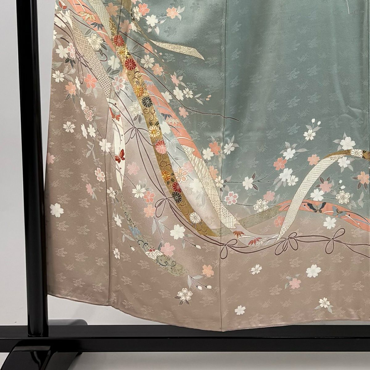 訪問服 身長155cm 袖長64cm M 雙層 熨斗紋 菊花唐草紋 金絲 金銀彩 灰綠 純蠶絲 秀品級
