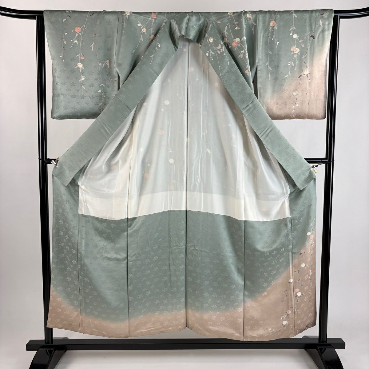 訪問服 身長155cm 袖長64cm M 雙層 熨斗紋 菊花唐草紋 金絲 金銀彩 灰綠 純蠶絲 秀品級