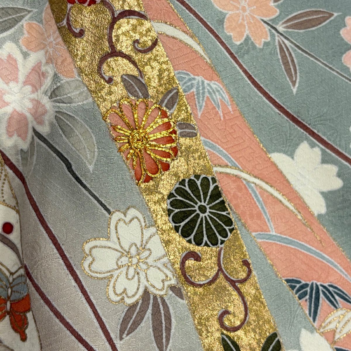 訪問服 身長155cm 袖長64cm M 雙層 熨斗紋 菊花唐草紋 金絲 金銀彩 灰綠 純蠶絲 秀品級