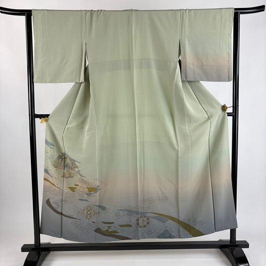 訪問服 身長153cm 袖長64.5cm M 雙層 向鳥 七寶紋 刺繡 金彩裝飾 灰綠 純蠶絲 秀品級