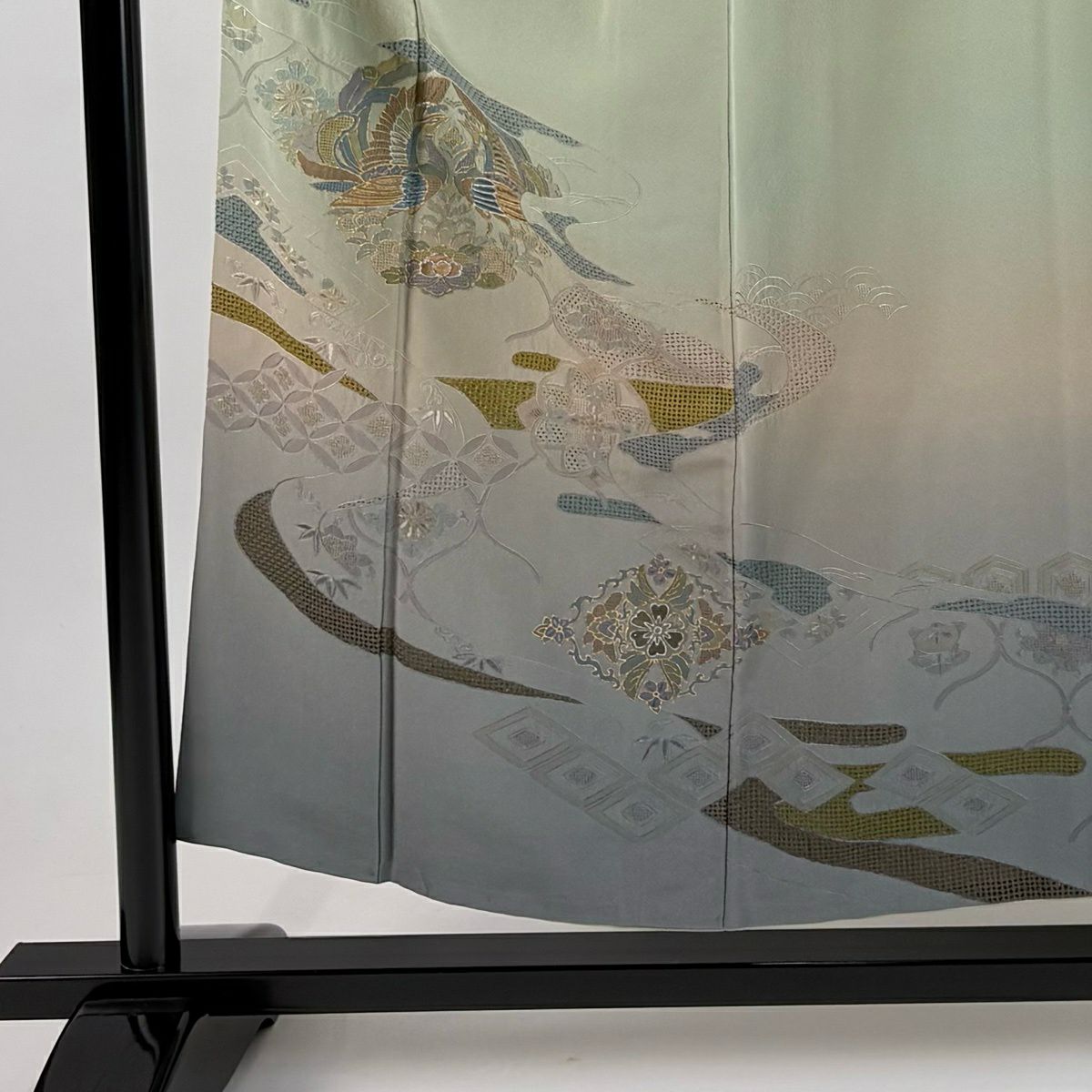 訪問服 身長153cm 袖長64.5cm M 雙層 向鳥 七寶紋 刺繡 金彩裝飾 灰綠 純蠶絲 秀品級