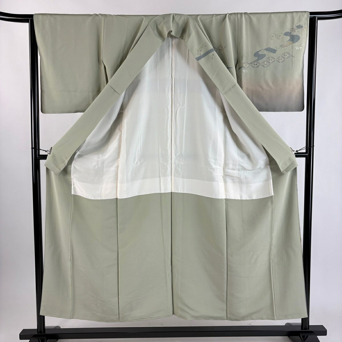 訪問服 身長153cm 袖長64.5cm M 雙層 向鳥 七寶紋 刺繡 金彩裝飾 灰綠 純蠶絲 秀品級