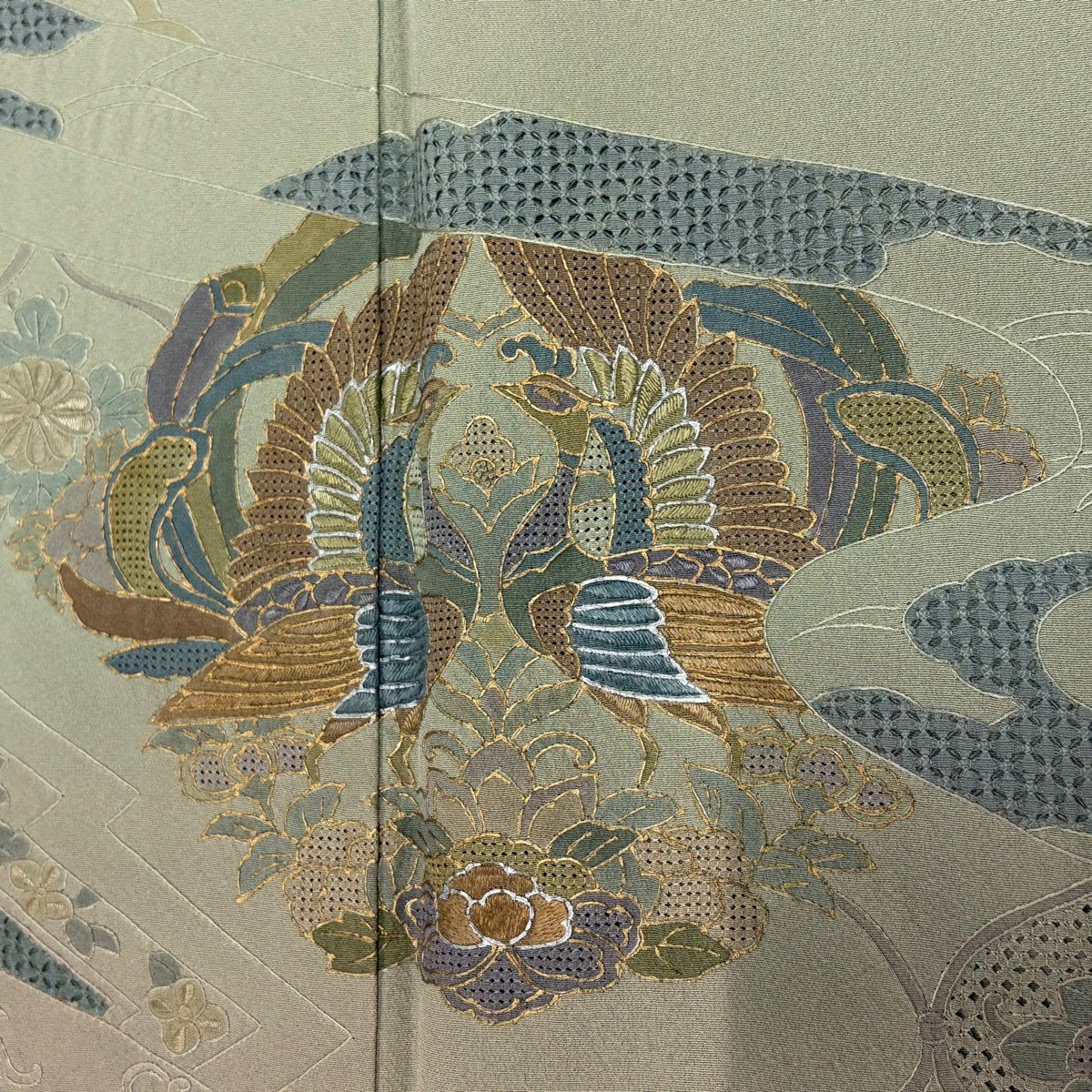訪問服 身長153cm 袖長64.5cm M 雙層 向鳥 七寶紋 刺繡 金彩裝飾 灰綠 純蠶絲 秀品級