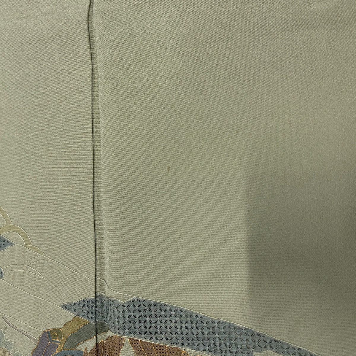 訪問服 身長153cm 袖長64.5cm M 雙層 向鳥 七寶紋 刺繡 金彩裝飾 灰綠 純蠶絲 秀品級